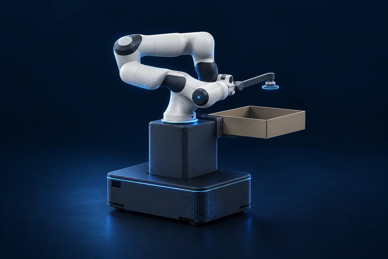 Illustrated DRAY mobile manipulator with an articulated arm, suction tool and product tray