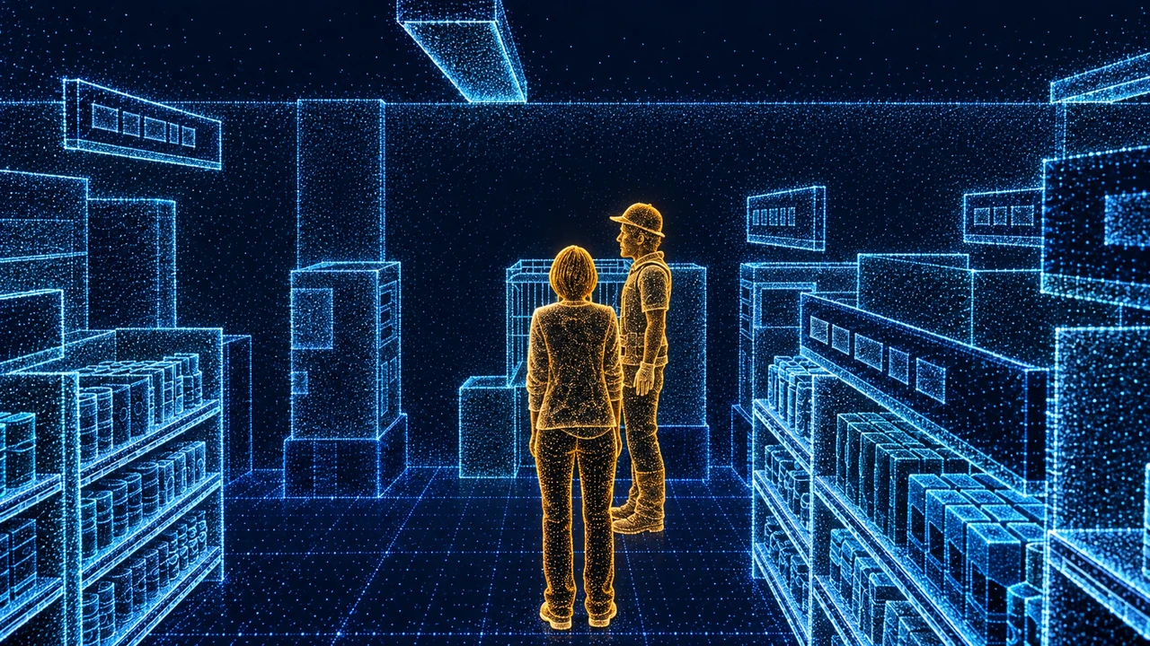 Illustrated AI perception of the same aisle, with blue spatial points and amber human silhouettes