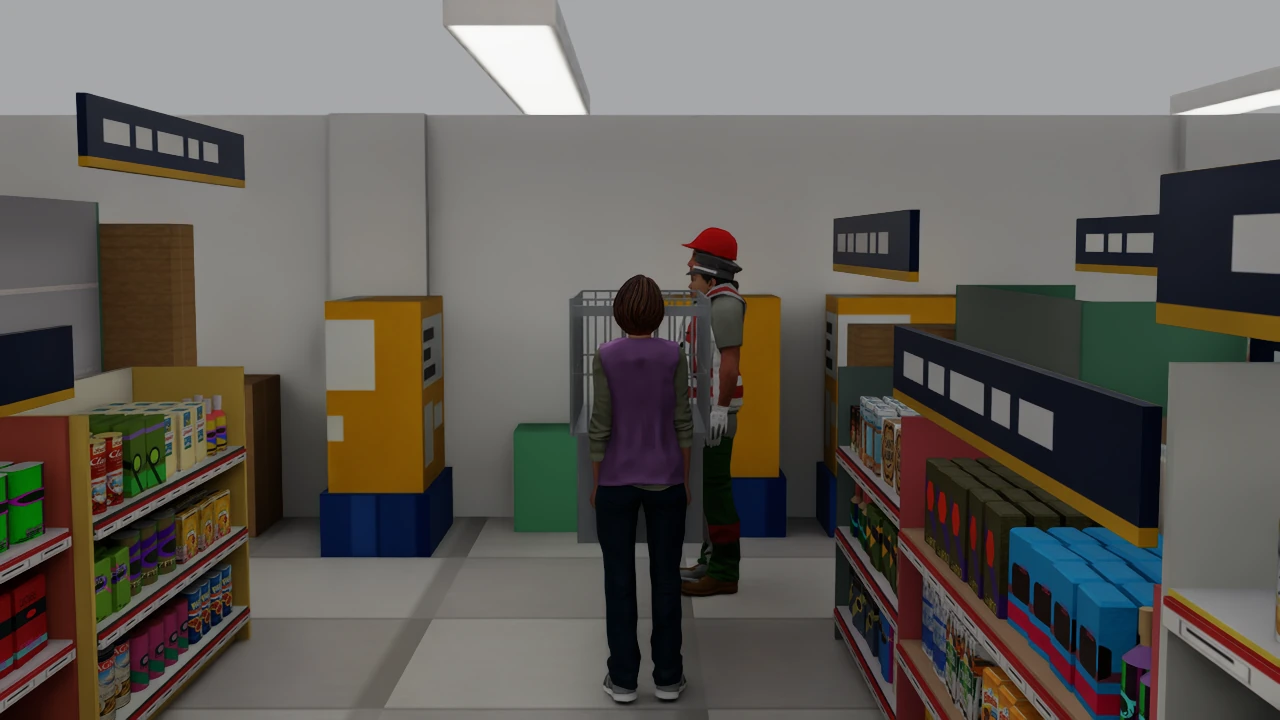 A grocery aisle in simulation, with stocked shelves on both sides and two people ahead