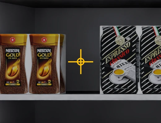 A crosshair marks the missing product position beside two coffee products